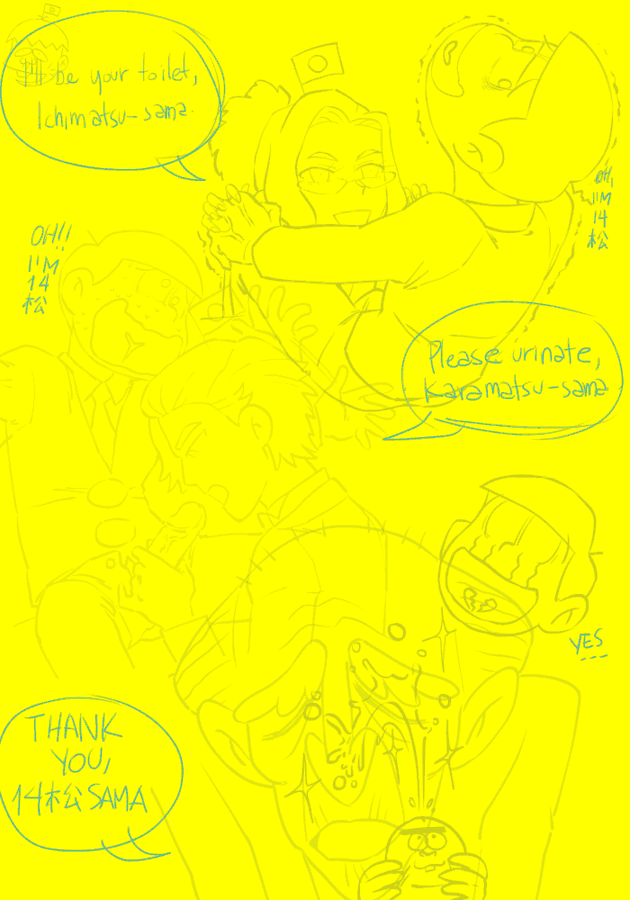 Osomatsu-san fan art. Erotica. All previous sketches combined into a single image to arrange the composition, along with the dialogue described in the original illustration.