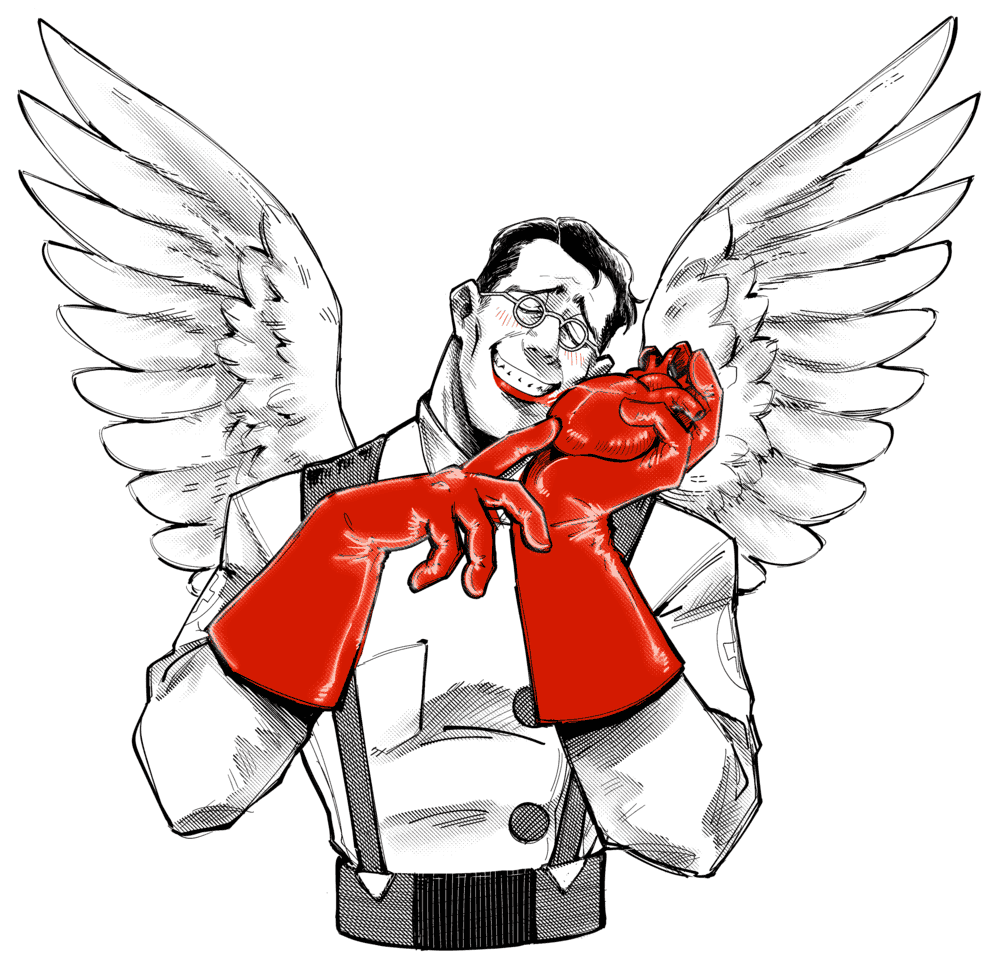 Team Fortress 2 fan art. A drawing of Medic, an older man with short black hair with a side part, a strong jawline and wide shoulders wearing small glasses, suspenders over a white coat with a red cross patch on each bicep and red gloves. He smiles with his eyes closed looking inmensely satisfied, gently holding a heart to his cheek in the palm of his left hand. He teasingly traces the edge of the heart with the index of his right hand. White wings spread open from his back.