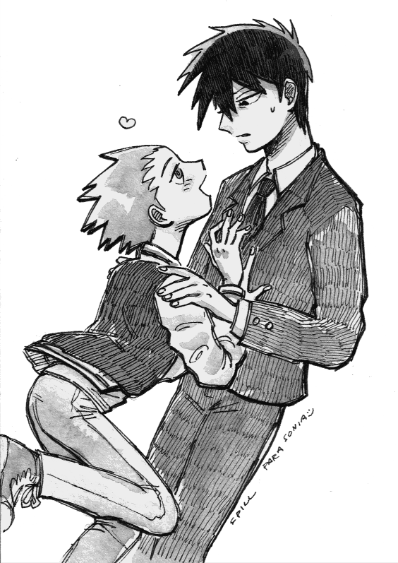 Mob Psycho 100 fan art. Ritsu, a young man with long dark bangs and dark eyes wearing a suit, is crowded by Shou, a young boy with light spiky hair, light colored eyes, wearing a varsity jacket, jeans and sneakers. Shou jumps into Ritsu's personal space, hands pawing at his chest, and he smiles up at Ritsu, blushing, eyes half-lid in happiness. A heart appears above his head. Ritsu holds Shou by the shoulders, keeping Shou in place but not shoving him away. He looks down at Shou's smiling face, somewhat disgruntled. A bead of sweat rolls down his face. There's small text in the image, which reads SPILL and PARA SONIA respectively.