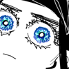 Button to visit Golden Kamuy shrine page. The square button shows a cropped drawing of Asirpa, a girl with large, bright eyes staring towards the viewer with a serious expression. The drawing is black and white, except for her blue eyes, which shine like jewels.