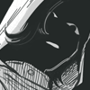 Button to visit Kamen Rider shrine page. The square button shows a cropped monochrome drawing of Woz, a hooded man with long hair. His face is all shadowed, only his eyes and mouth showing in the darkness. He stares down at someone.