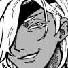 Button to visit parade shrine page. The square button shows a cropped monochrome drawing of Yael, a man with dark skin, long white hair and an eyepatch on his right eye. He smirks towards the viewer in a way that feels confidently mean towards whoever he's looking at.