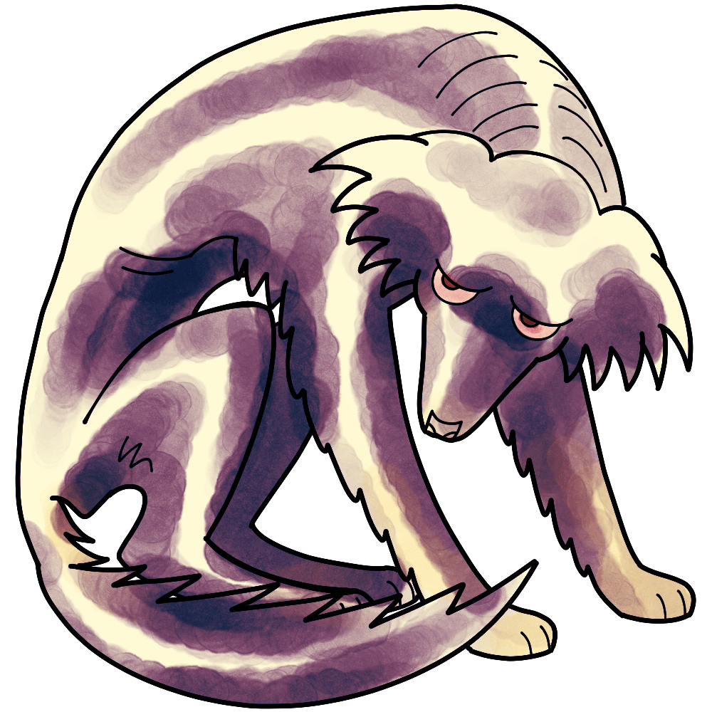 A drawing of a large dog with shaggy fur on its ears, legs and tail, sitting on its hind legs and keeping its head down. It stares at the viewer with a pitiful look. The dog's torso is quite skinny.