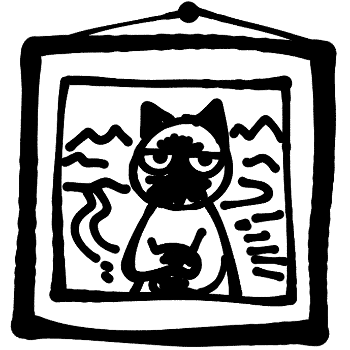 A simple drawing of a framed painting hanging on a wall. The painting is of a cat sitting with its front paws crossed over its lap. In the background, a landscape of mountains and trails is visible.