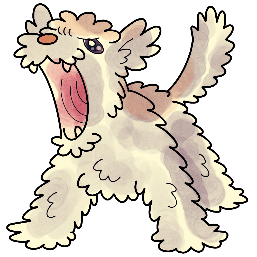 A drawing of a gray dog with sparkly eyes and fluffy hair. It stands firmly on its legs, opening its snout to let out a loud bark.