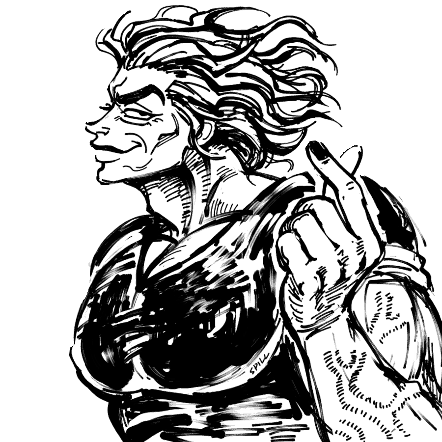 Baki fan art. A drawing of Yujiro Hanma, a man with wild hair, a face with age lines and high cheekbones, and a muscled, vascular body. He wears a tight black shirt with a v-neck that hugs his ample chest. Yujiro stands facing the left of the image, looking at the viewer from the corner of his eye, smirking as he does a heart sign with his index and thumb.