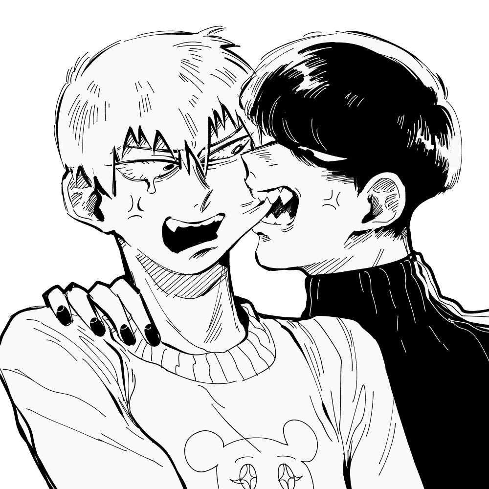 Mob Psycho 100 fan art. A drawing of Reigen, wearing pijamas with a bear cartoon print on the front,a nd Mob, a young man with bangs that cast a harsh shadow on his eyes, black nails wearing a turtleneck. Looking angry, Mob puts his right hand on Reigen's shoulder to trap him in place as he leans in to mercilessly bite on Reigen's left cheek. Reigen flinches away from him, teary eyed and pissed off, mouth open to yell at Mob.