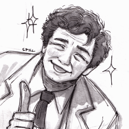 Columbo fan art. A drawing of Columbo giving the viewer a non-threatening smile, cartoonish sparkles around him, raising his right index finger as if he's asking for someone's attention. He's an older man with age lines on his forehead, between his brows, around his eyes and mouth. He has a dimple on his chin. His hair is wavy and a bit messy. He wears an office suit under a large coat.