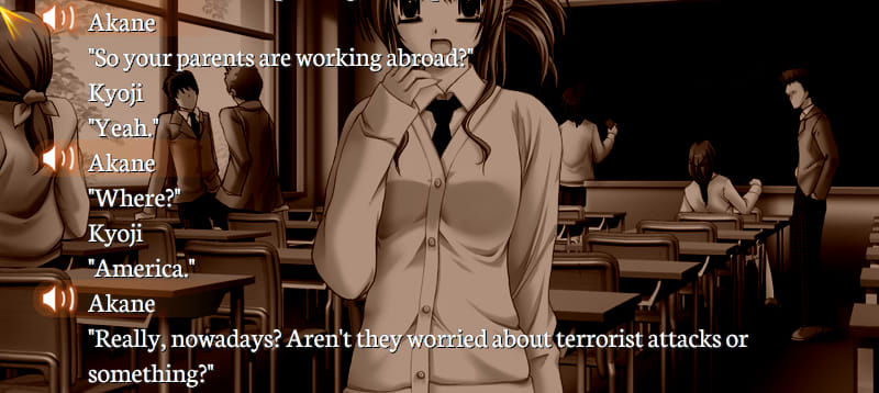 Partial Gore Screaming Show screenshot. Logged dialogue from the game. Akane: 'So your parents are working abroad?' Kyoji: 'Yeah.' Akane: 'Where?' Kyoji: 'America.' Akane: 'Really, nowadays? Aren't they worried about terrorist attacks or something?'