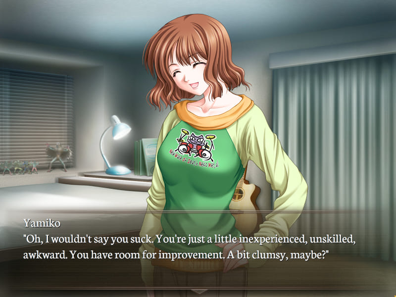 Gore Screaming Show screenshot. A scene in Kyoji's bedroom with Yamiko wearing a sweatshirt and slacks. She says, 'Oh, I wouldn't say you suck. You're just a little inexperienced, unskilled, awkward. You have room for improvement. A bit clumsy, maybe?'