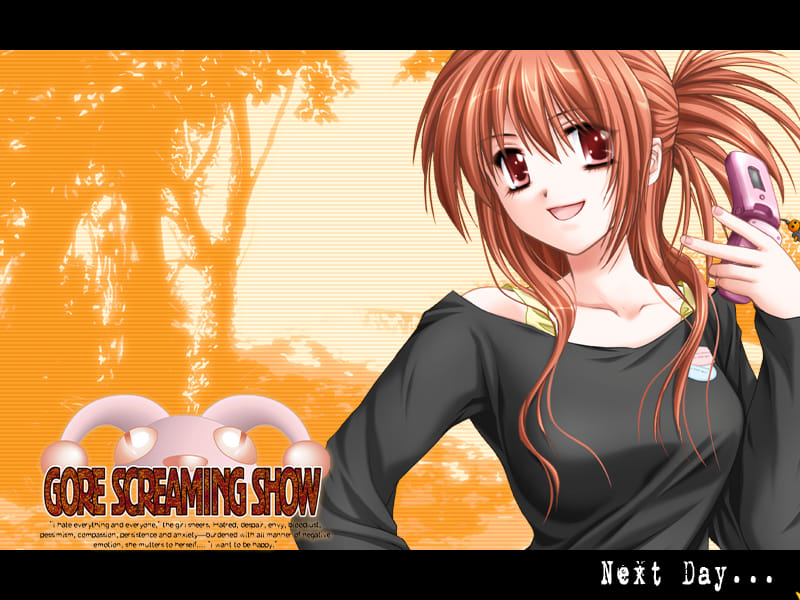 Gore Screaming Show screenshot. An eyecatch-style screen dividing the days passing in the game. It shows the Gore Screaming Show logo over a stylized background illustration with greenery, and superimposed over the background is an illustration of Akane in a casual black shirt holding up her phone. Under this design is the line 'Next Day...'