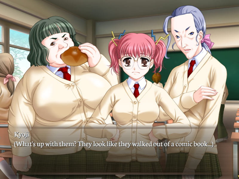 Gore Screaming Show screenshot. A classroom scene showing three girls in school uniform. At the front stands a girl with pink hair in pigtails, wearing flashy hair ornaments on her hair and large glasses. Behind her to her right is a taller girl with green wavy short hair, a large nose, very large breasts and overall a large body, eating a bread bun, and to her left is a slim girl, the tallest of the group, with her pale blue hair tied on a stiff low ponytail with a pink bow that shows her large forehead, a hooked nose and a long face with a dimpled chin. The girl in front is drawn normally for the rest of the game's style, but the girls behind her have very small eyes and very pronounced, roughly drawn facial features. The text box show's Kyoji's thoughts, which read 'What's up with them? They look like they walked out of a comic book...'