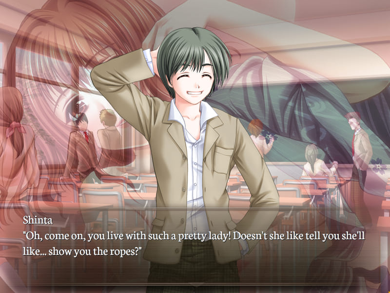Gore Screaming Show screenshot. A classroom scene showing Shinta, a boy with short muted green hair in a school uniform that's worn casually, with the jacket kept open and the first button of the dress shirt unbuttoned. He rubs the back of his head with his right hand, grinning as he says, 'Oh, come on, you live with such a pretty lady! Doesn't she like tell you she'll like... show you the ropes?' An image of an imagined Yamiko wearing a half-worn silk robe appears behind him.