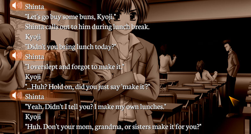Partial Gore Screaming Show screenshot of a dialogue log. Shinta 'Let's go buy some buns, Kyoji.' Shinta calls out to him during lunch break. Kyoji: 'Didn't you bring lunch today?' Shinta: 'I overslept and forgot to make it.' Kyoji: '...Huh? Hold on, did you just say 'make it'?' Shinta: 'Yeah. Didn't I tell you? I make my own lunches.' Kyoji: 'Huh. Don't your mom, grandma, or sisters make it for you?'