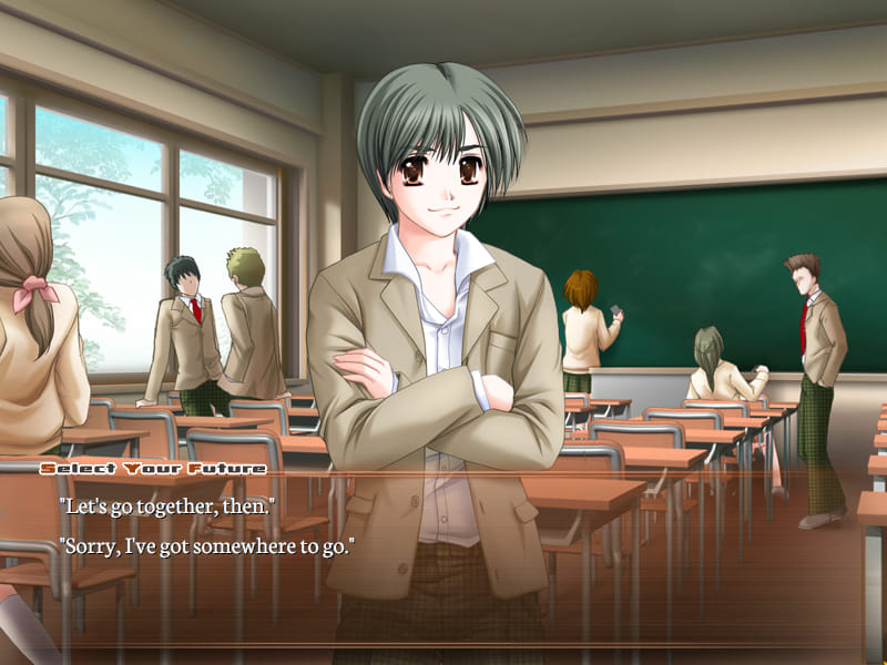 Gore Screaming Show screenshot. A classroom scene showing Shinta standing with his arms crossed. The dialog box is titled 'Select Your Future', and the player is given two choices: 'Let's go together, then' and 'Sorry, I've got somewhere to go.'