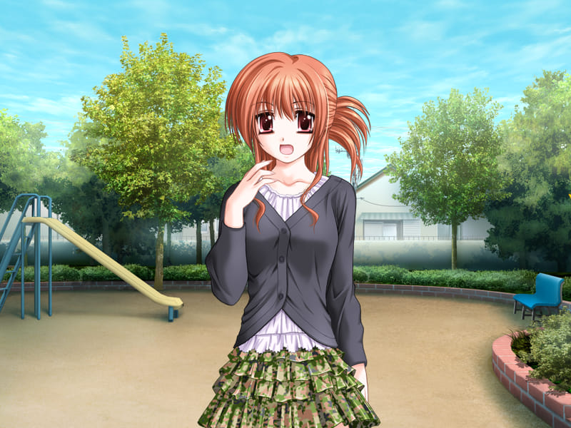 Gore Screaming Show screenshot. A scene in a park, showing Akane wearing a casual outfit: A light  lilac lettuce trim shirt under a loose dark grey sweater, and a frilly skirt with a cammo pattern.