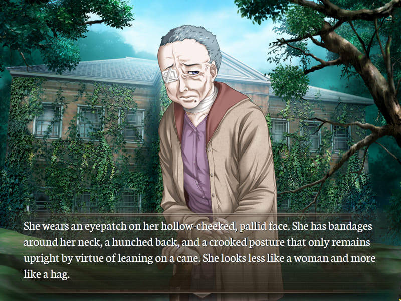 Gore Screaming Show screenshot. A scene in the middle of the woods, where a large western-style mansion lies covered in vines. An old woman stands in the middle of the screen, with short, receeding gray hair, sad-looking blue eyes, and a beauty mark under the left side of her mouth. She a light purple button-up shirt under a long tan coat. The narration reads: 'She wears an eyepatch on her hollow-cheeked, pallid face. She has bandages around her neck, a hunched back, and a crooked posture that only remains upright by virtue of leaning on a cane. She looks less like a woman and more like a hag.'