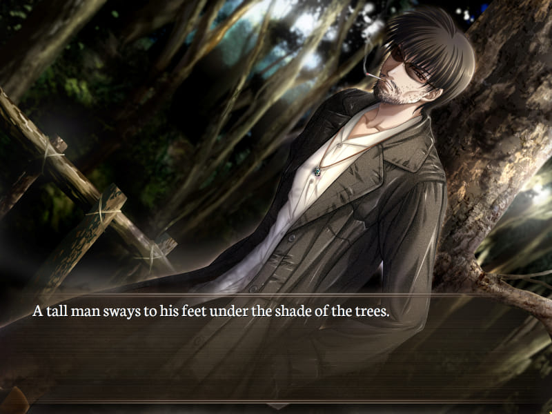 Gore Screaming Show screenshot. A scene in the middle of the woods. A man leans back against a tree, hands in his pockets as he smokes a cigarette. He's tall with short black hair, pale skin and dark stubble. He wears sunglasses, a white shirt under a long dark coat, jeans, and a long necklace with a green pendant that hangs very low on his chest. An old low wooden fence is seen behind him. The dialog box reads 'A tall man sways to his feet under the shade of the trees.'