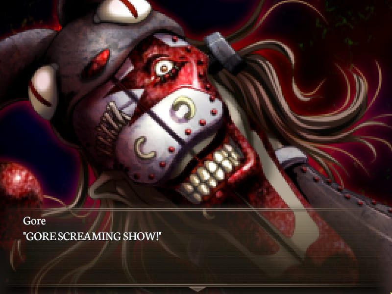 Gore Screaming Show screenshot. The previous image has been zoomed in dramatically on the figure's masked face. The figure screams out his name: 'GORE SCREAMING SHOW!'