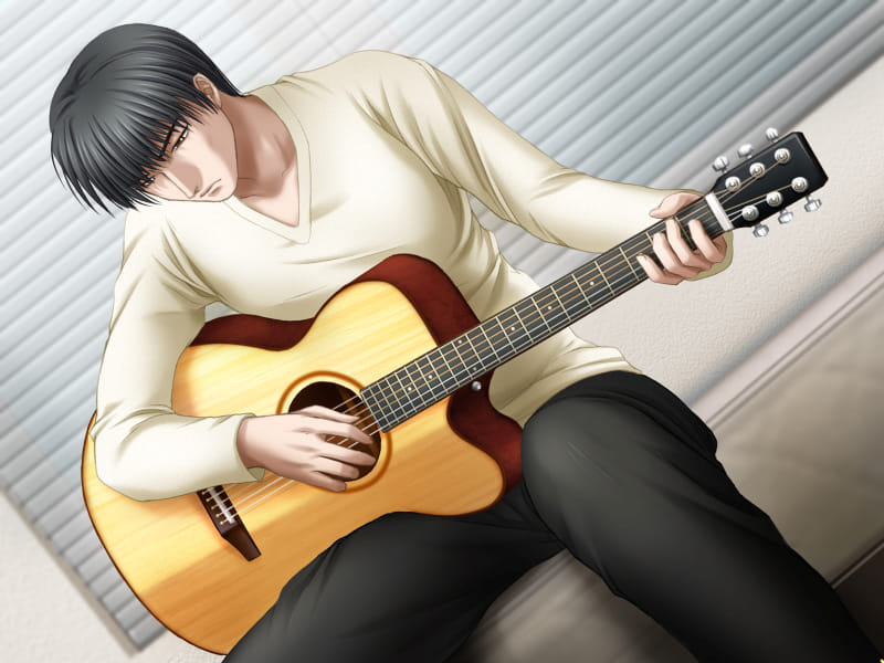 Gore Screaming Show screenshot. A scene in Kyoji's room. Yoshiki, now shaved and missing his sunglasses, coat and pendant, sits on Kyoji's bed with Kyoji's guitar on his lap, struming out a song with a serious but calm expression on his face.