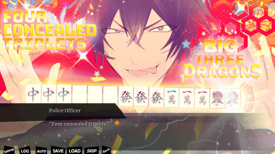 UuultraC screenshot. A CGI showing Kozuka flaunting a Four Concealed Triplets Big Three Dragons winning mahjong hand, a boastful look on his face, his tongue peeking out. A police officer says 'four concealed triplets?!'