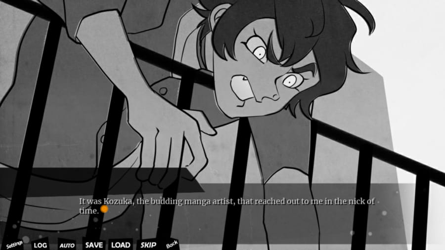 UuultraC screenshot. A CGI of a monochrome drawing of Kozuka drawn in the style of Go Nagai's Devilman. He is reaching down towards something on the other side of a rail. The dialogue box reads 'It was Kozuka, the budding manga artist, that reached out to me in the nick of time.'