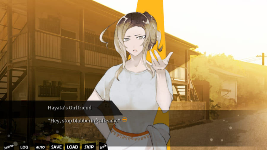 UuultraC screenshot. Hayata's girlfriend, an attractive woman, stands outside Shoutarou's apartment building, saying 'Hey, stop blubbering already.'